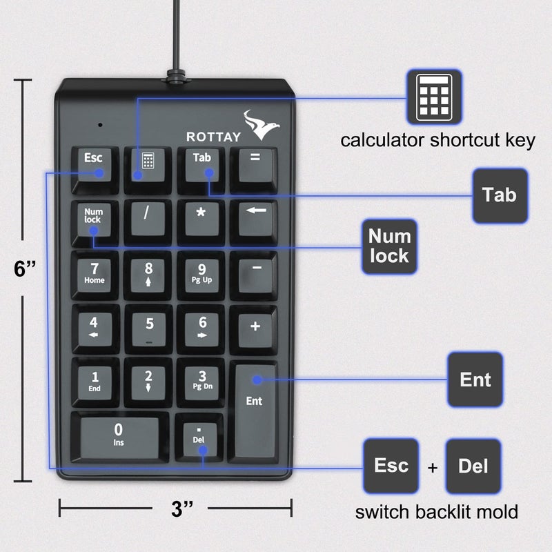 Rottay Number Pad, Mechanical USB Wired Numeric Keypad with Blue LED Backlit 22 Key Numpad for Laptop Desktop Computer PC Black (Blue switches) - Image 5